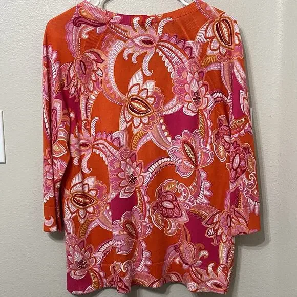 Talbots‎ women’s Paisley Knit Top Sz Medium Petite Pink Soft 3/4 Sleeve - Picture 2 of 6